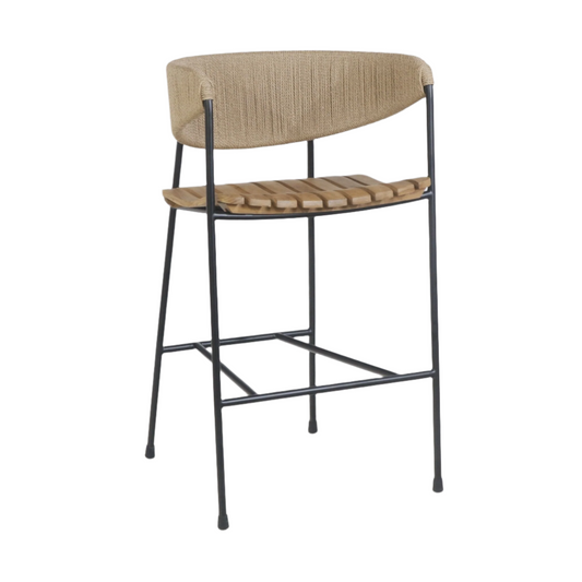 Stool with Teak Seat and Rush Weaving Backrest