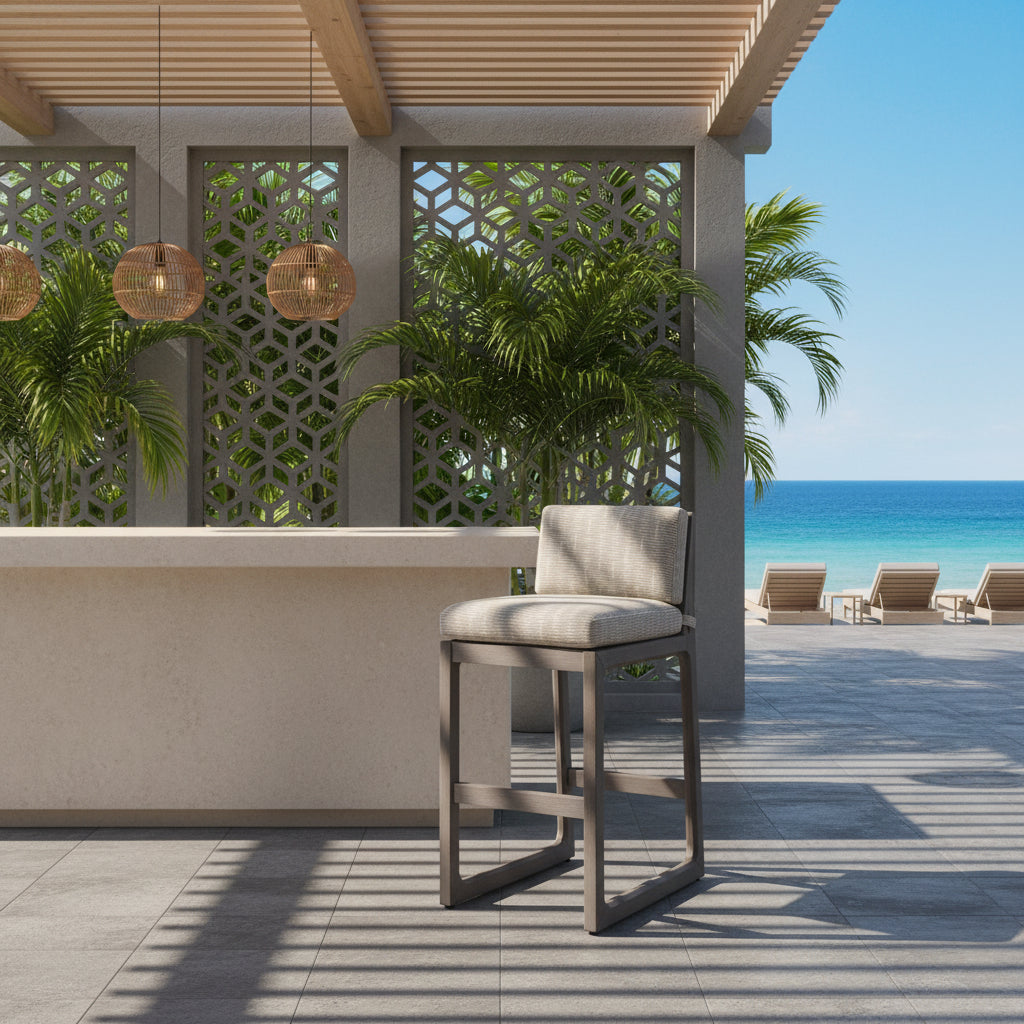 Upholstered Armless Teak Outdoor Bar Stool
